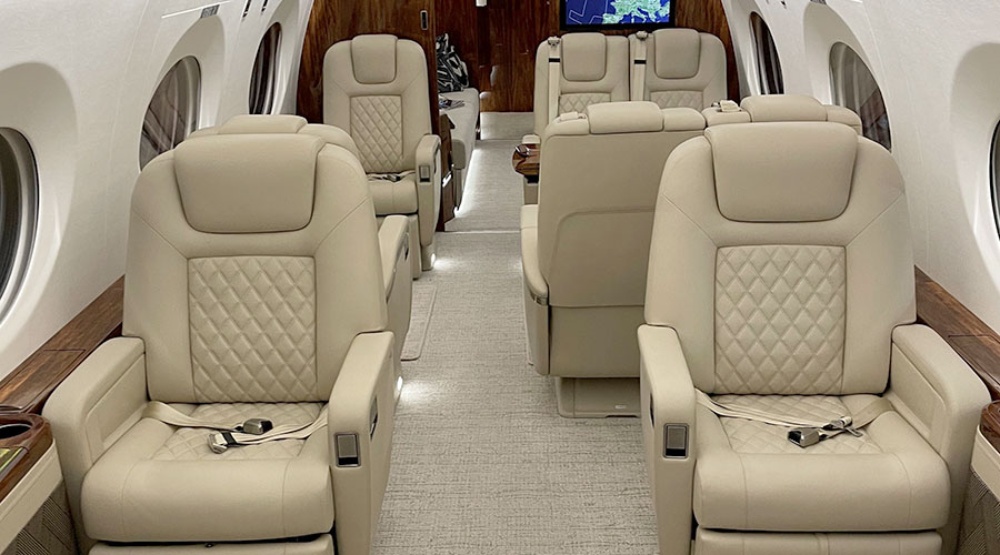 The interior of our G600 jet. Flights to the USA and as far East as Tokyo